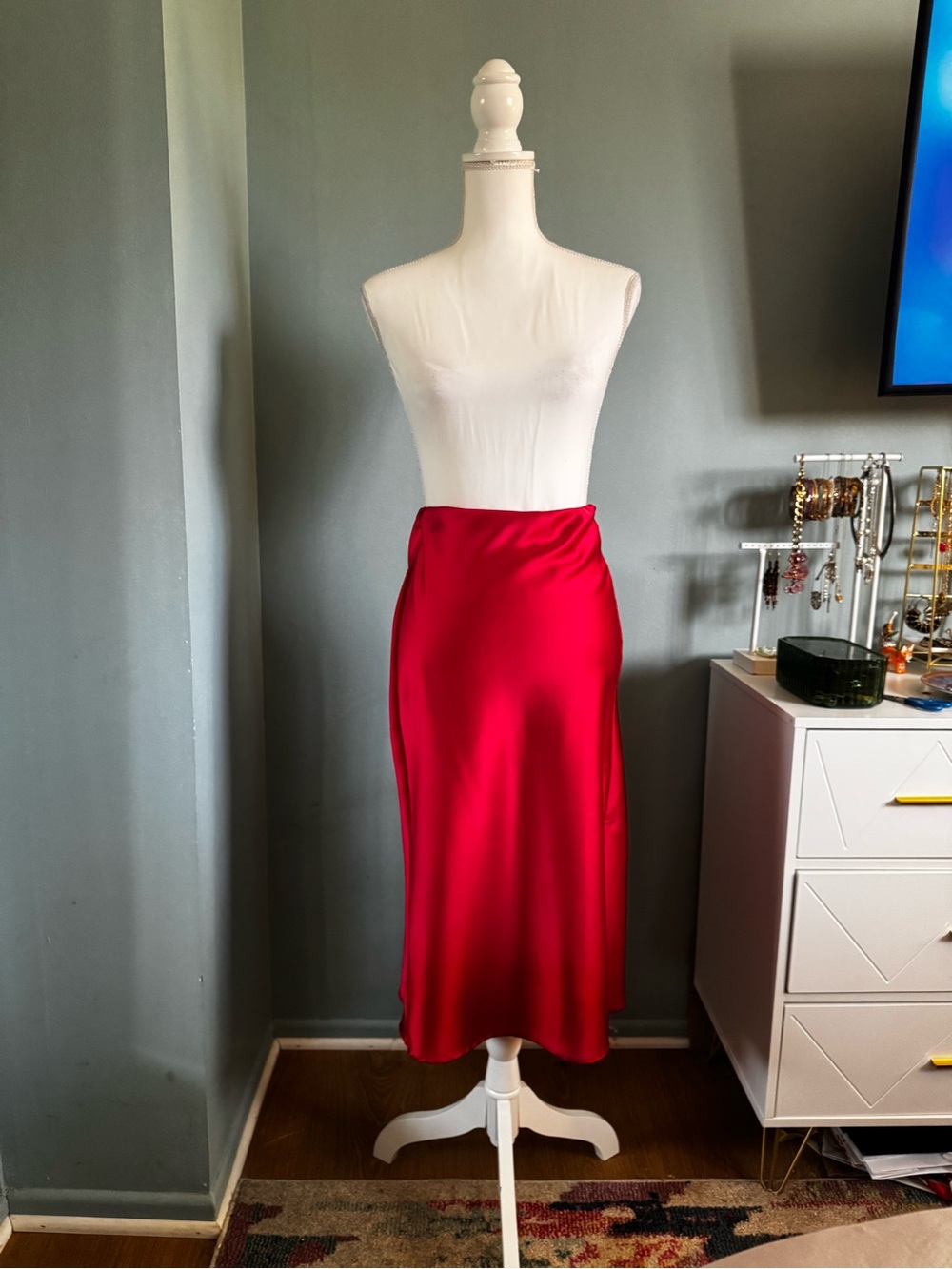 Renee C. Red Satin Midi Skirt